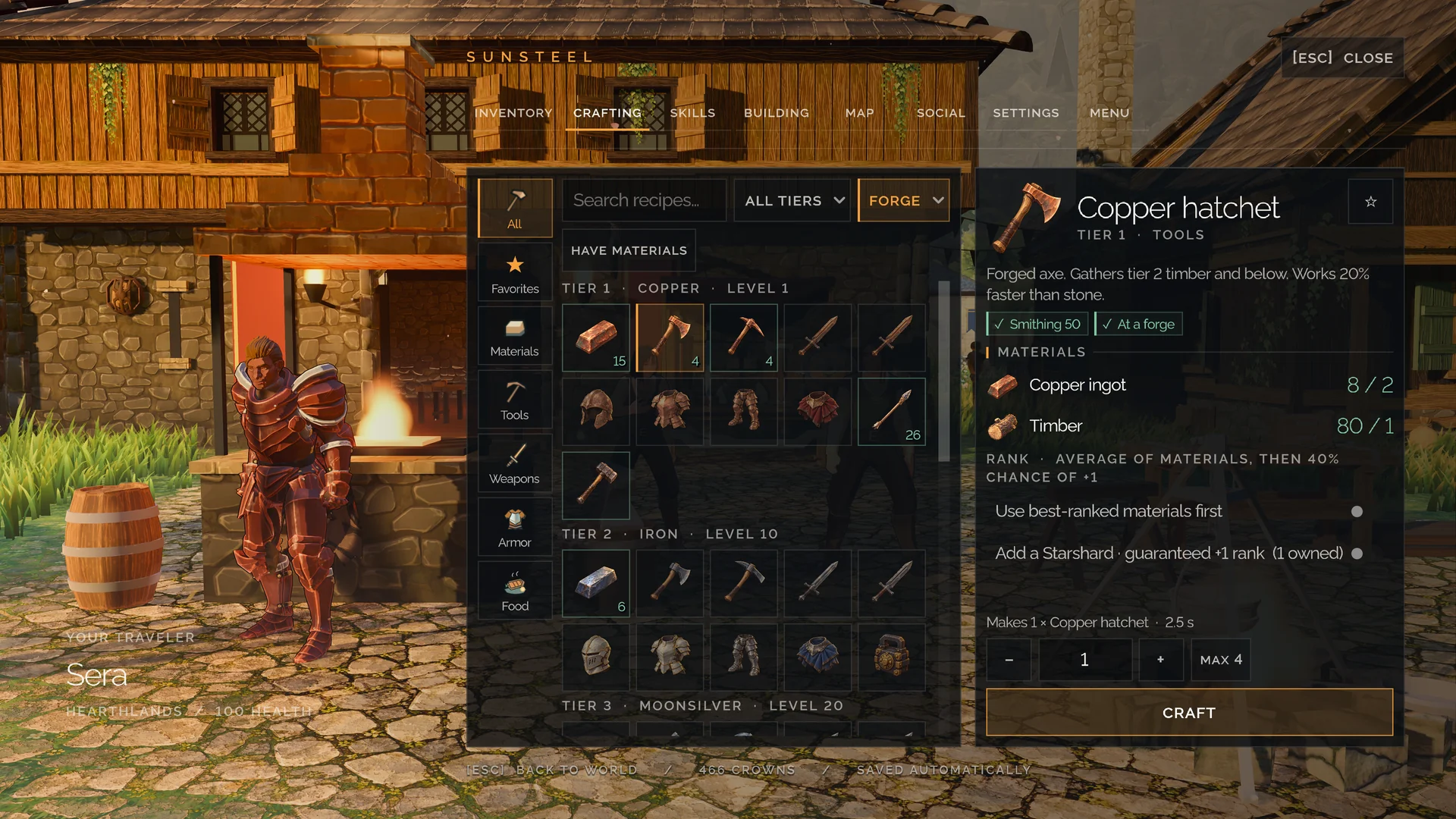The crafting and inventory interface shows a copper hatchet recipe.