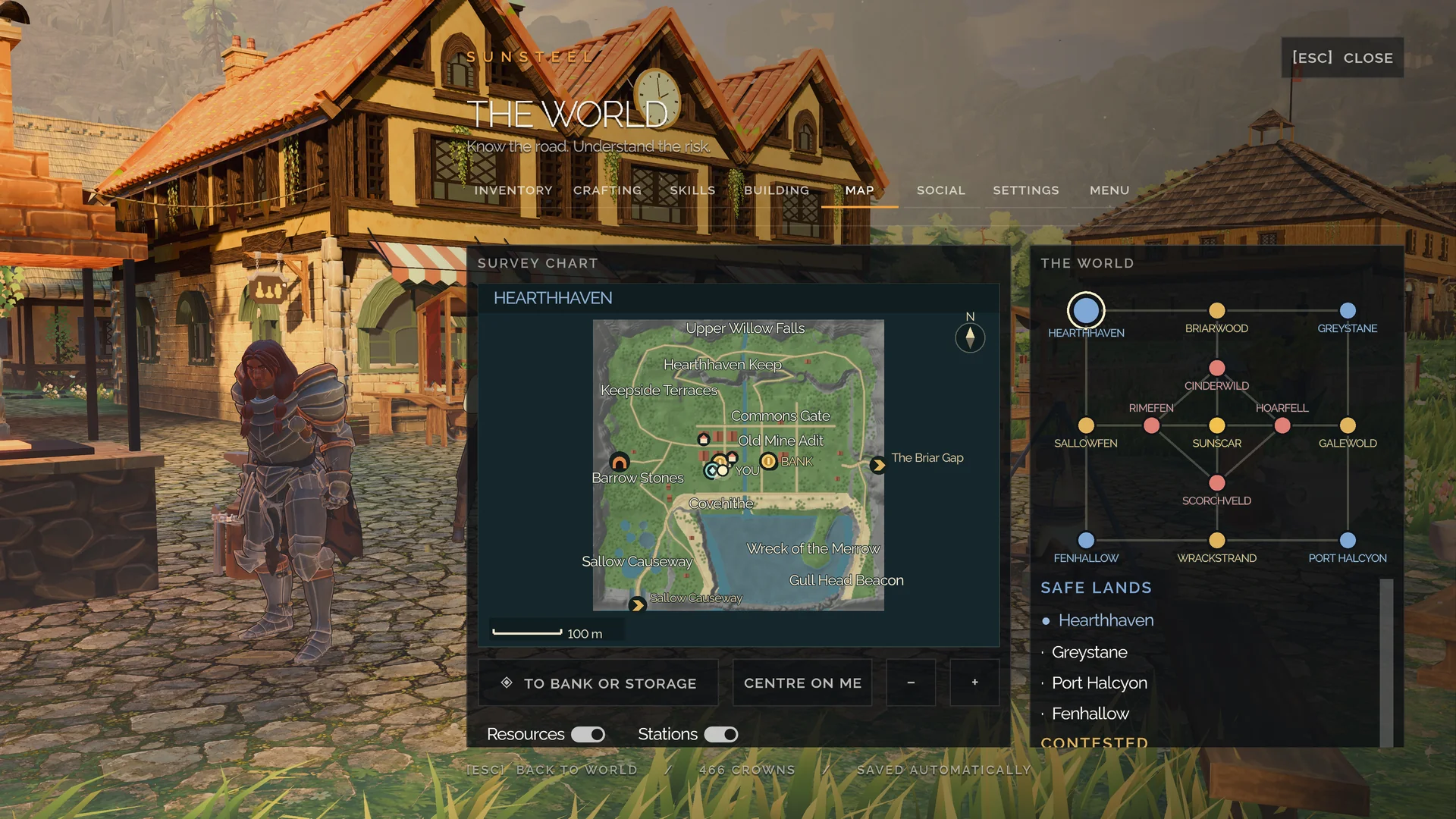 The in-game map and skill interface shown in the town square.