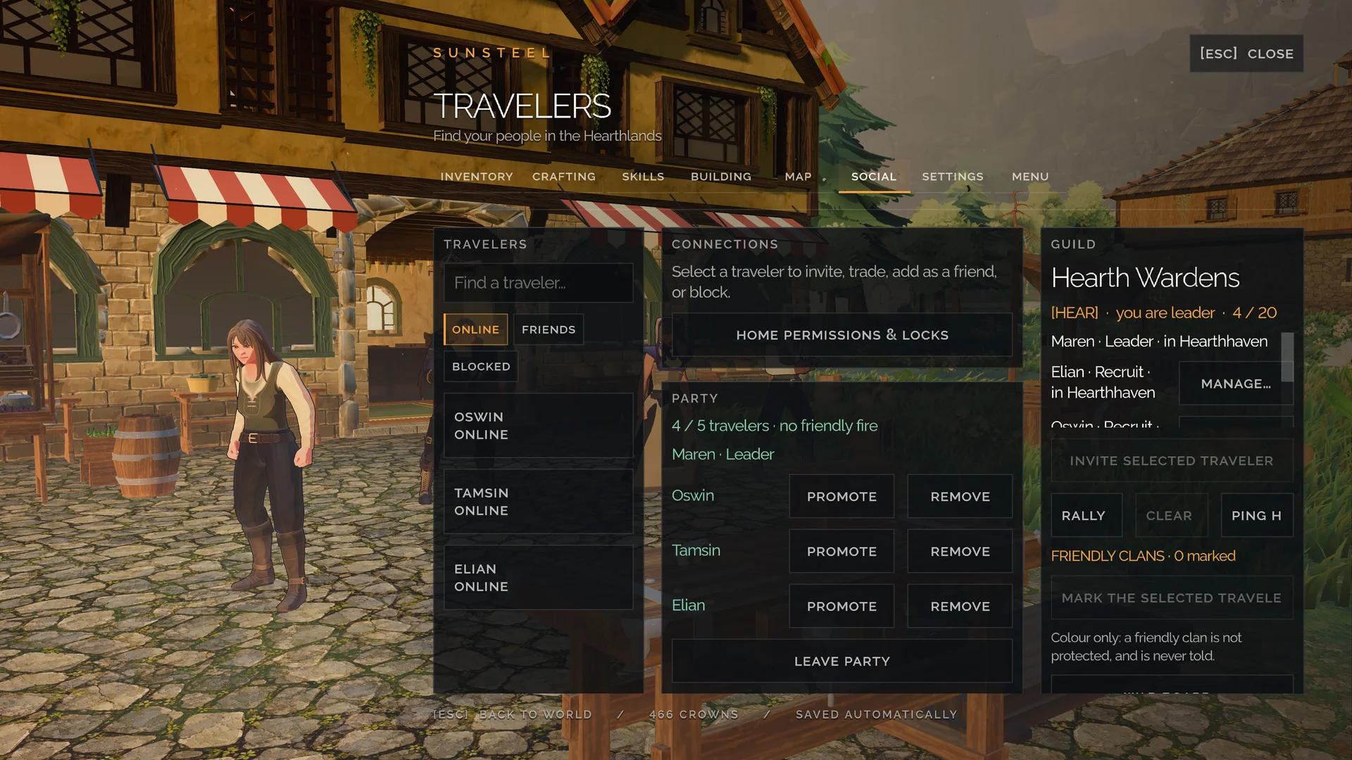 The clan interface displayed outside the town inn.