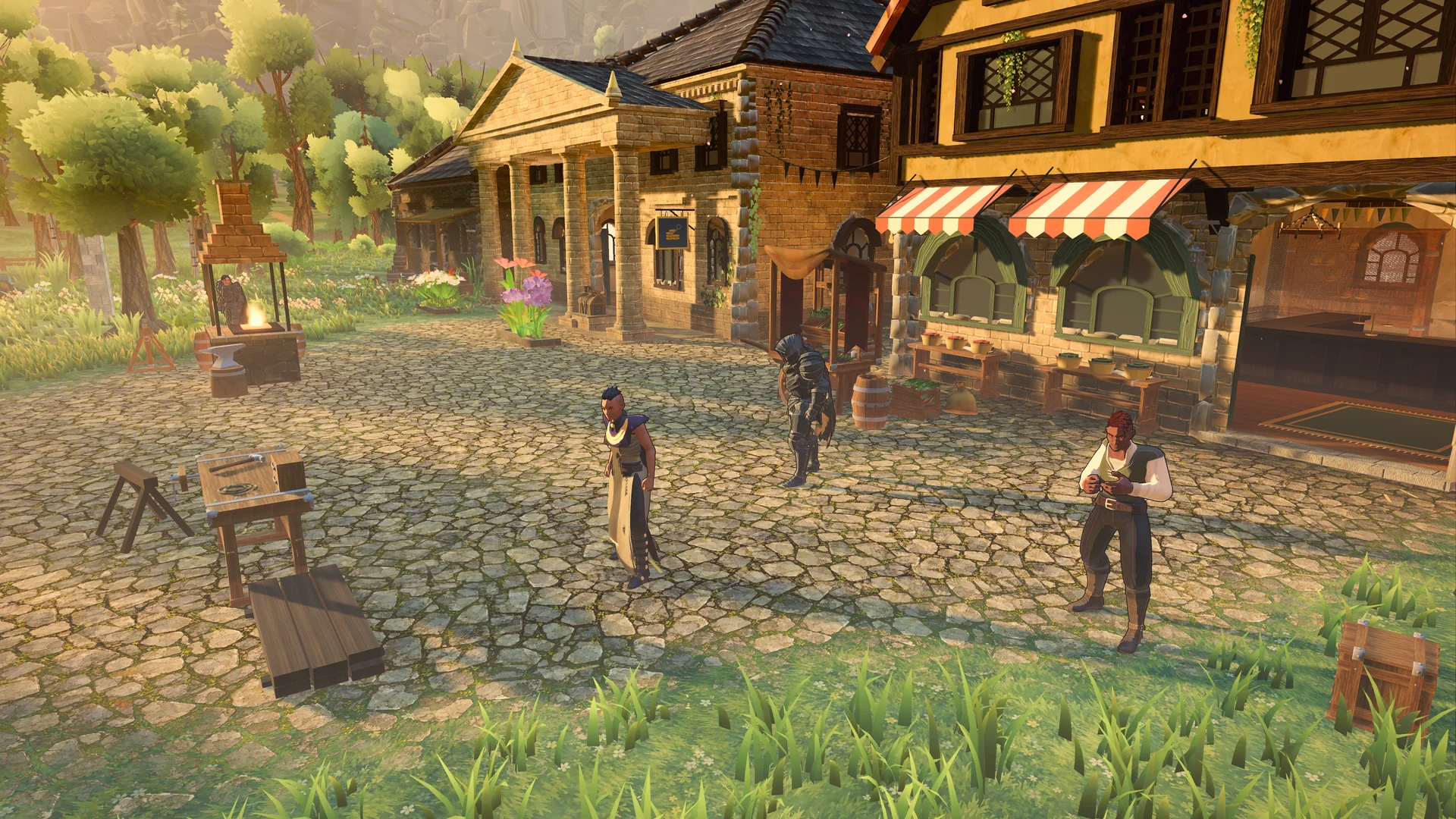 Travellers gather outside a timber-framed inn in the afternoon sun.