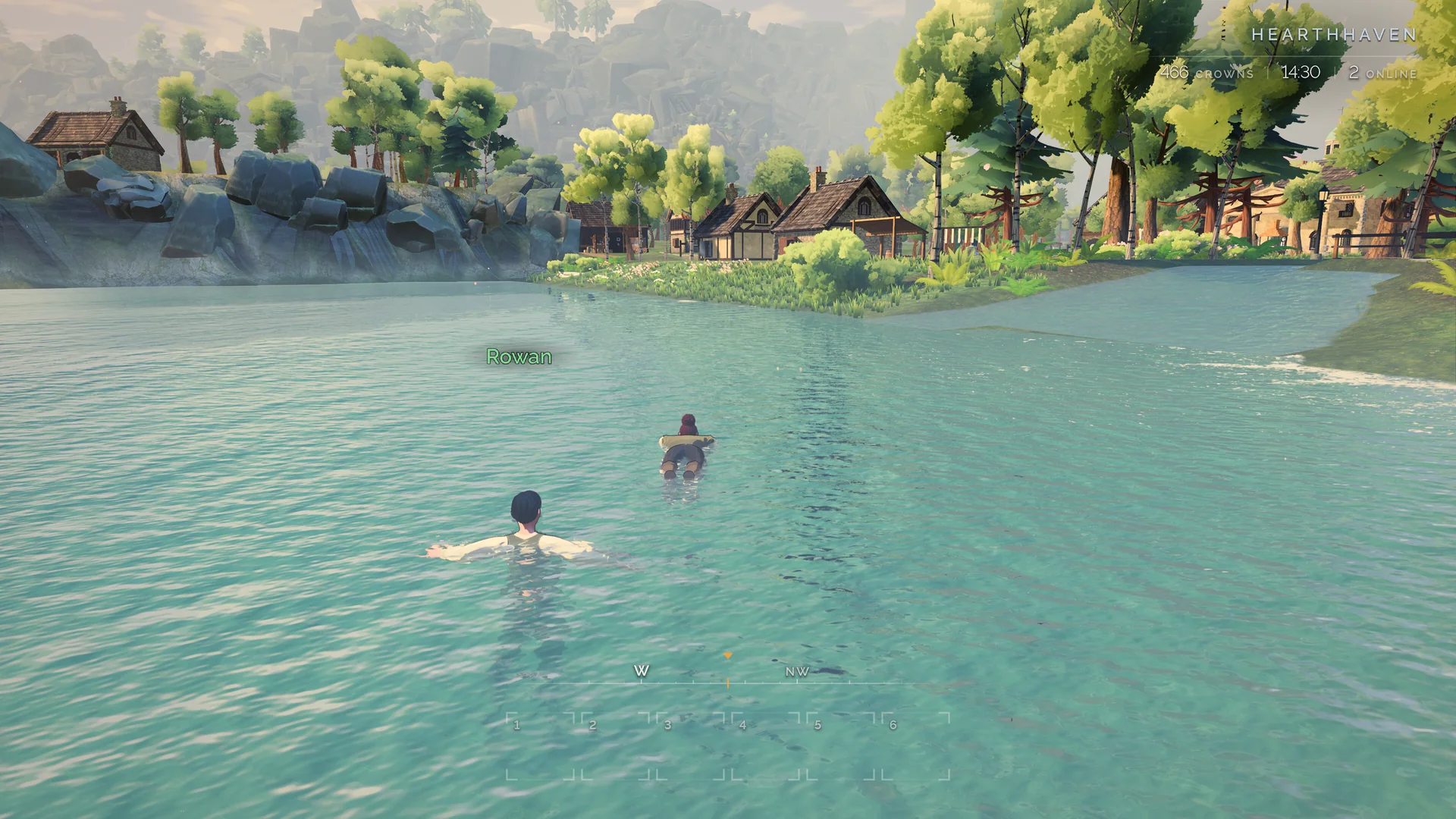 Two players swim toward a tree-lined shore.