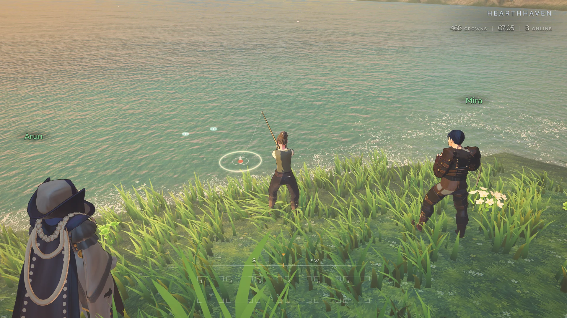 Players fish together beside a broad stretch of water.