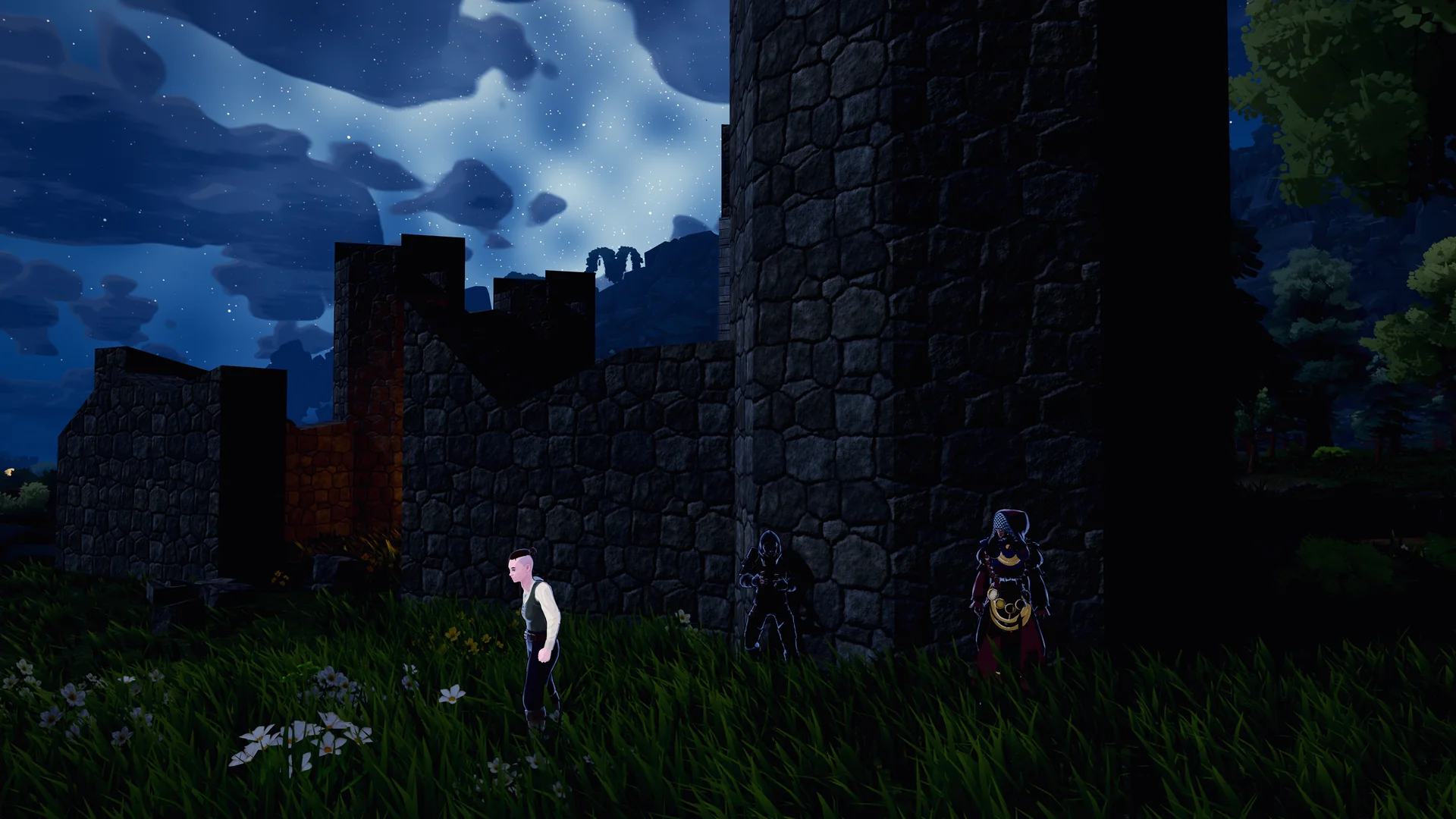 Players shelter beside stone walls under a moonlit sky.