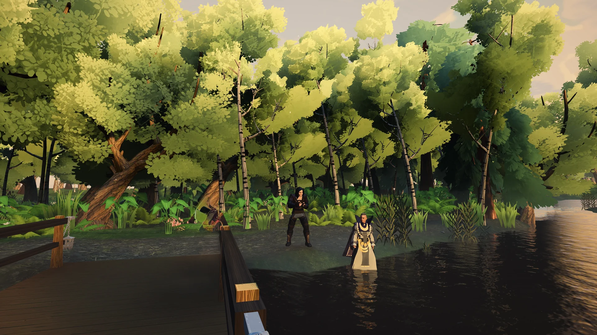 A player looks across dark water toward a bright stand of trees.