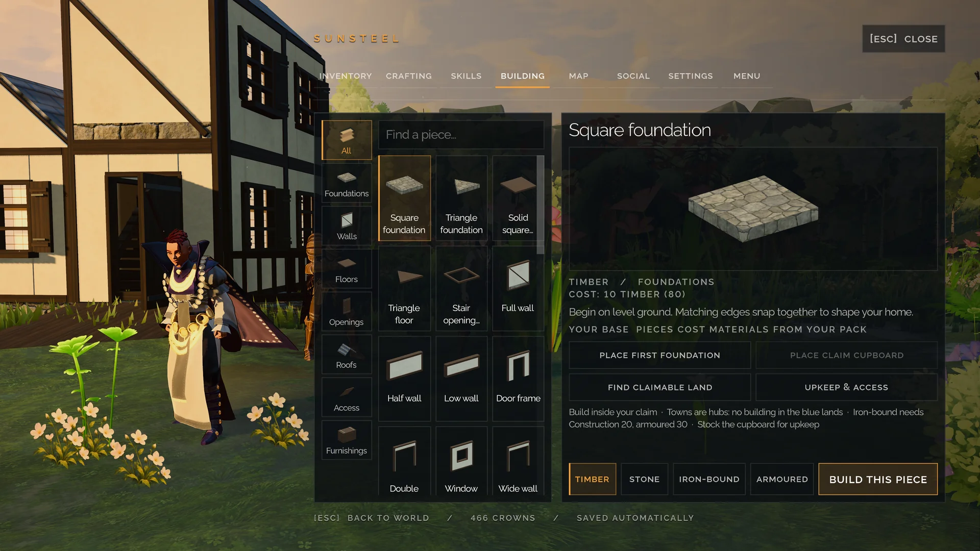 A player selects a square foundation in the construction interface.