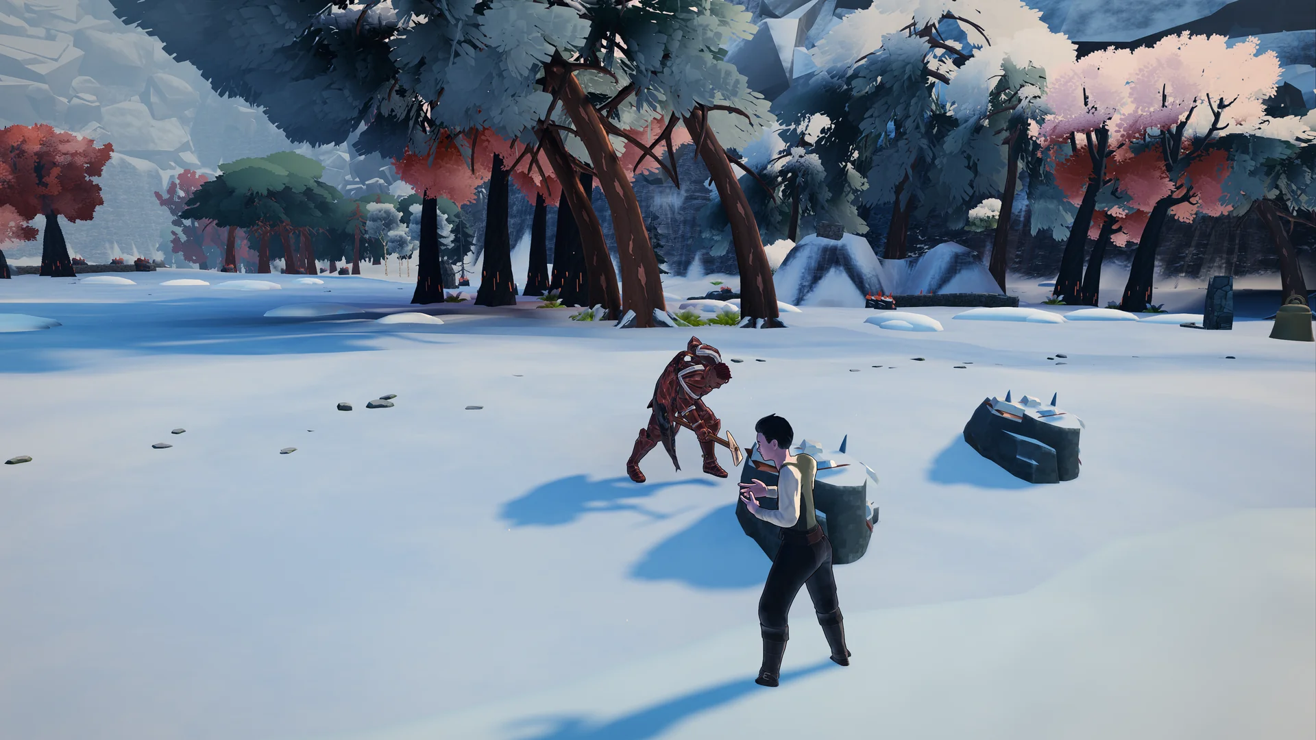 An encounter among snow-covered trees and blue mountain shadows.