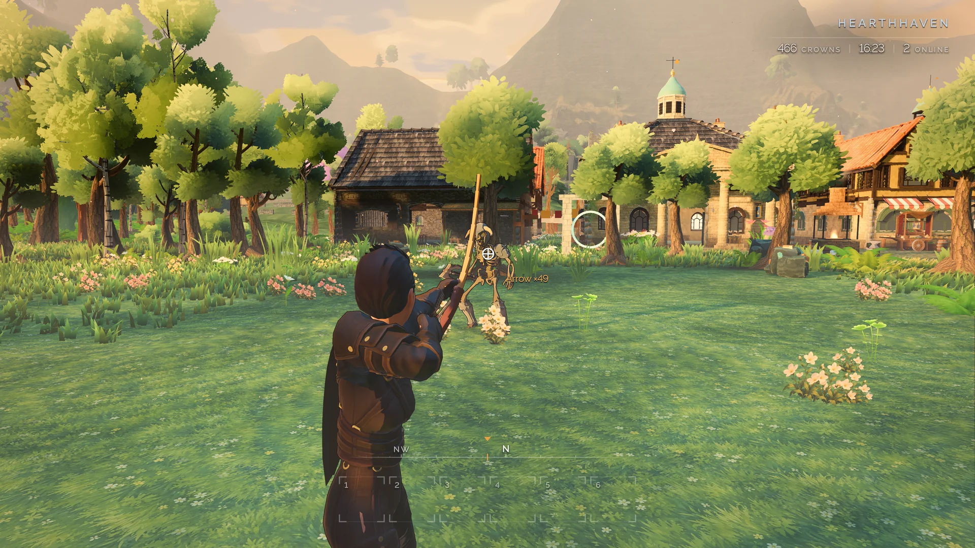 An archer takes aim near the cottages and fields.