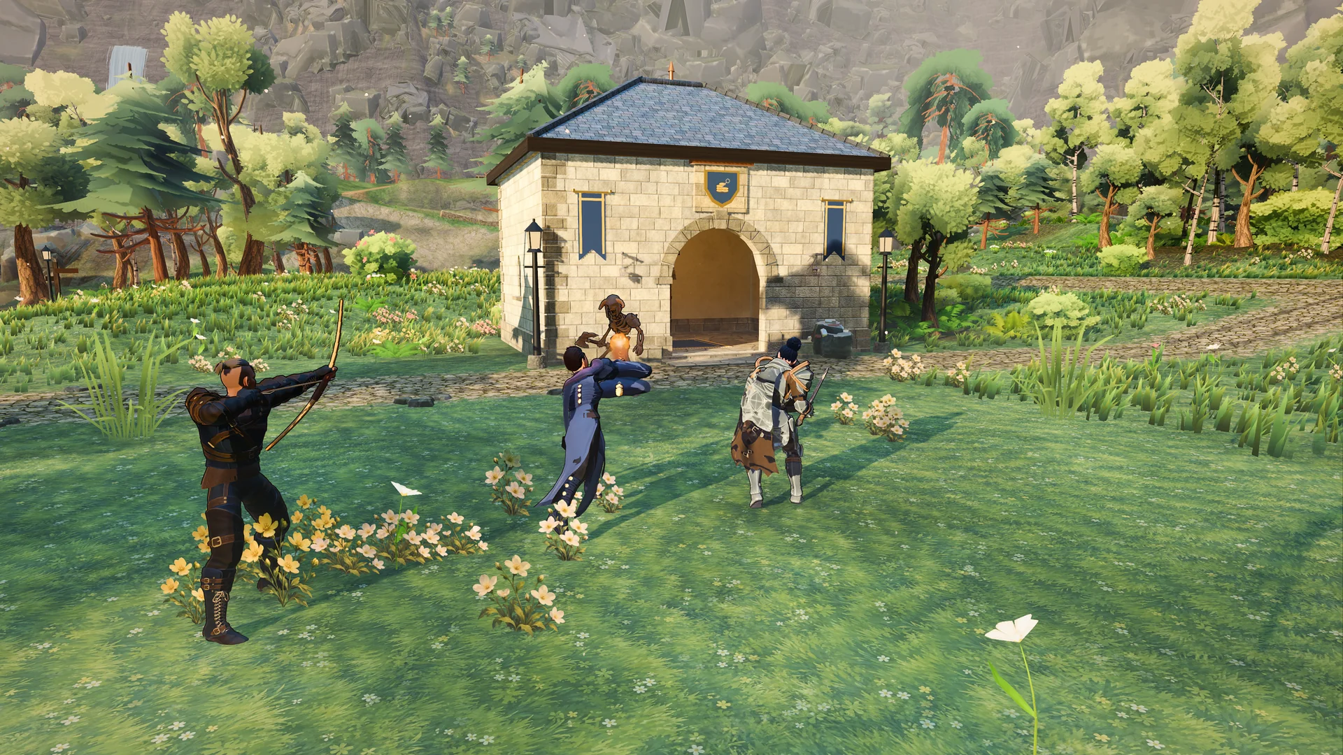Players face one another beside a stone chapel.
