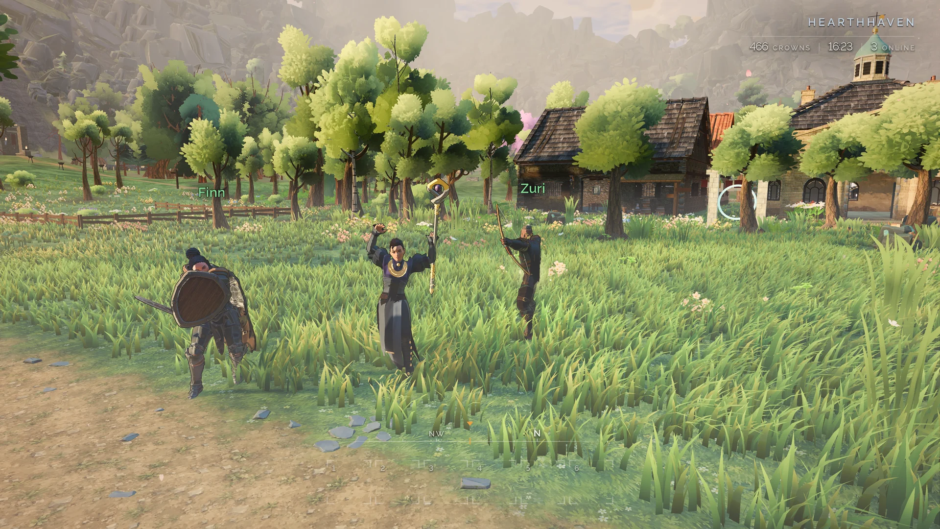 Players practise combat in a grassy clearing.