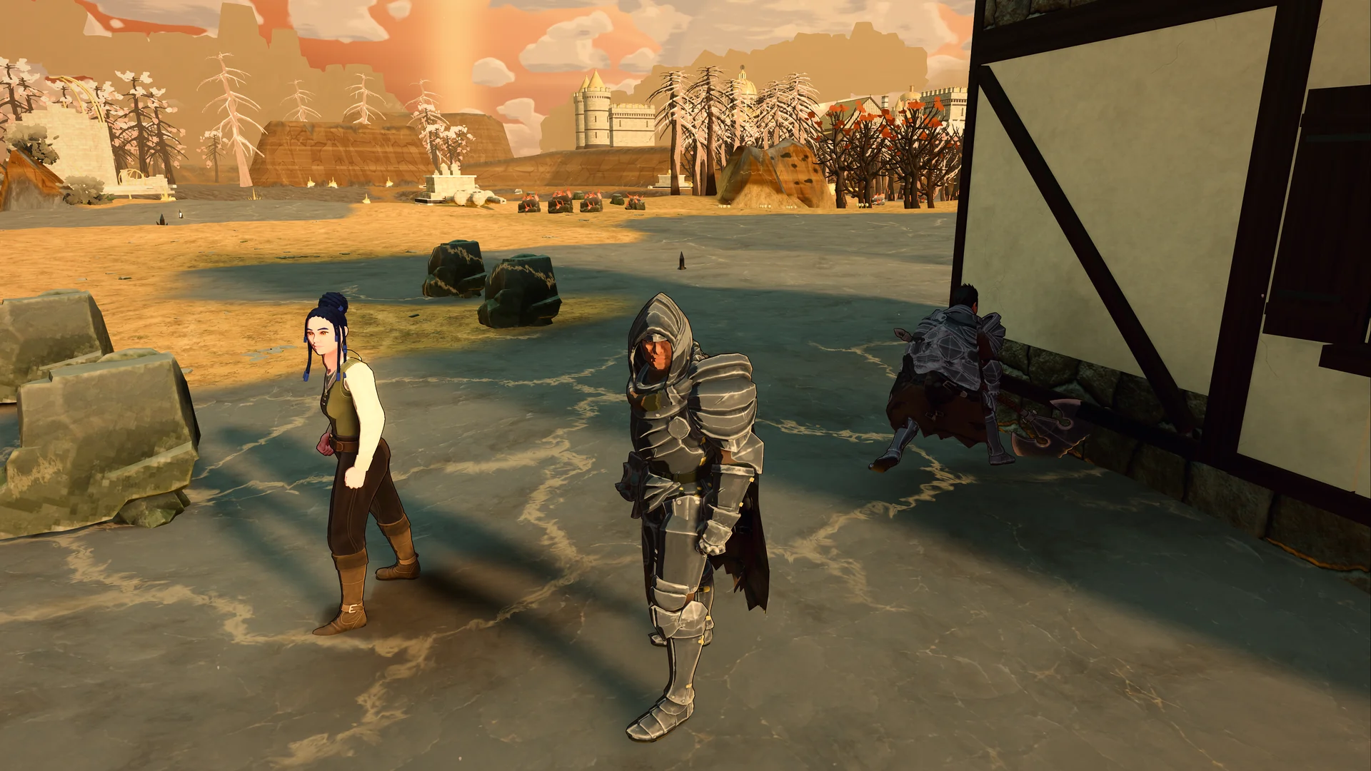 Two players stand by a timber house overlooking water.