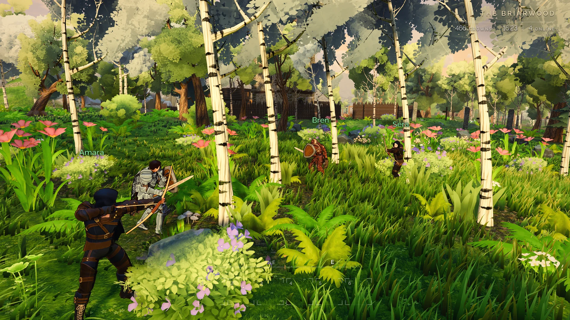 A fight unfolds in a sunlit woodland of birch trees and flowers.