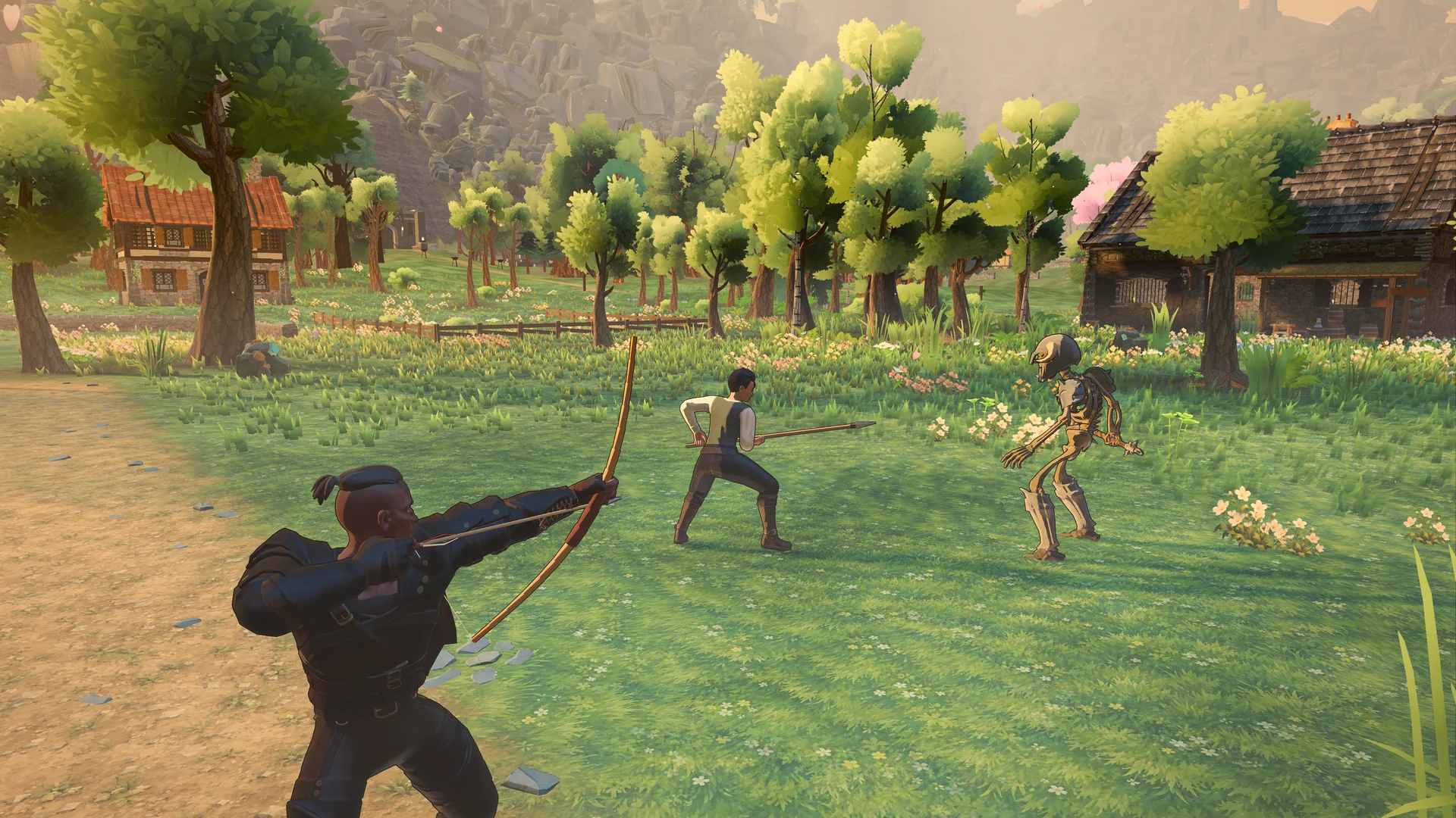 An archer and other players face off in a village meadow.