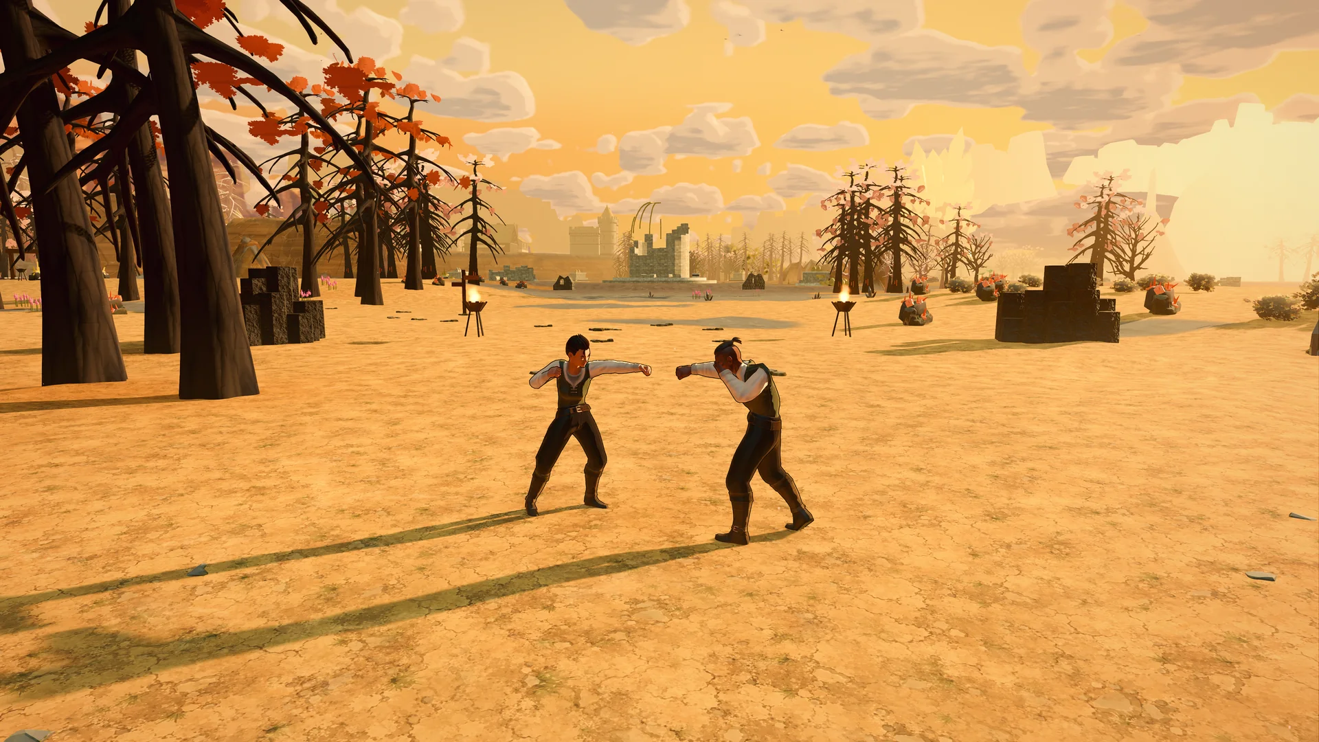 Two players fight beside the water in a sandy landscape.