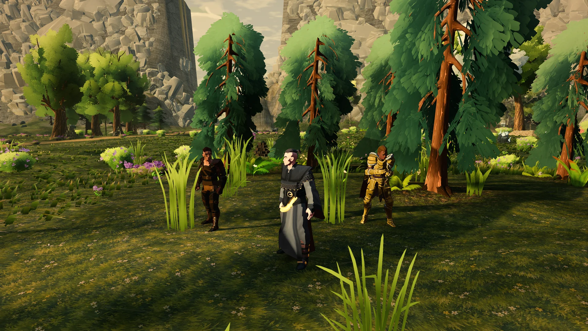 A group gathers along a woodland path in afternoon light.