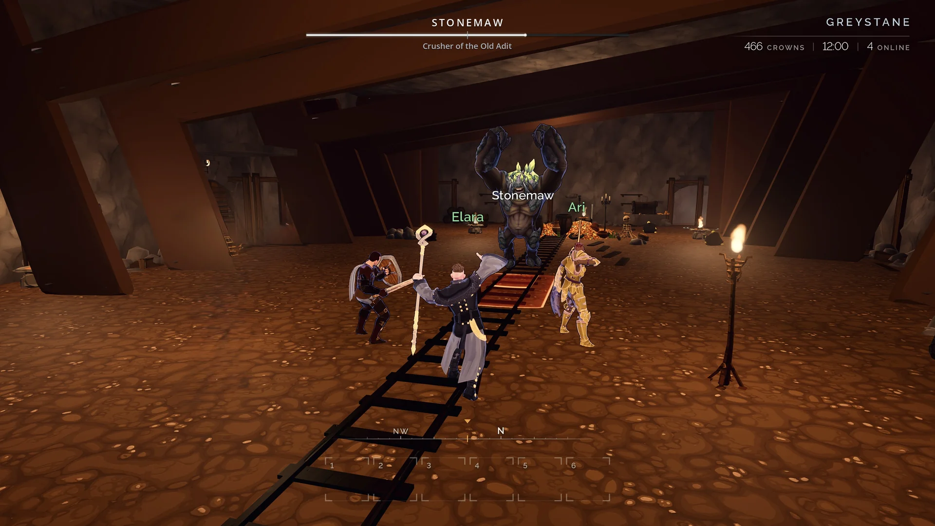 A party advances along rails inside the Greystane mine.