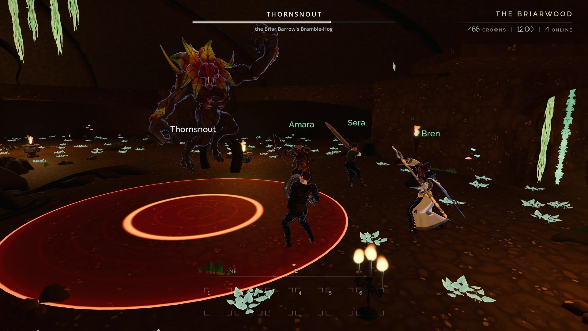 A party faces Thornroot and its combat telegraphs in the Briarwood.