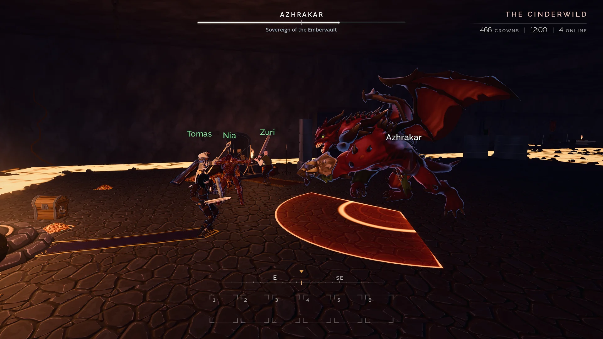 Players fight Azhakar amid fire and combat telegraphs.