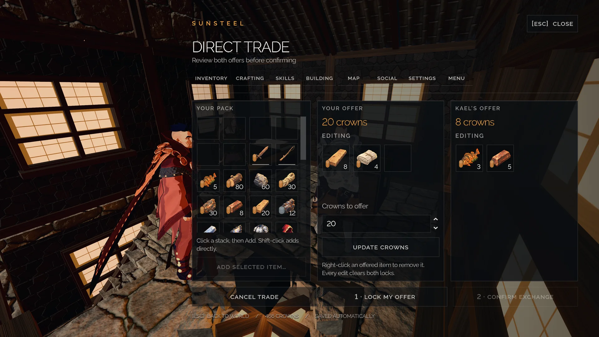 Two players use the direct trade interface beside a shared hearth.
